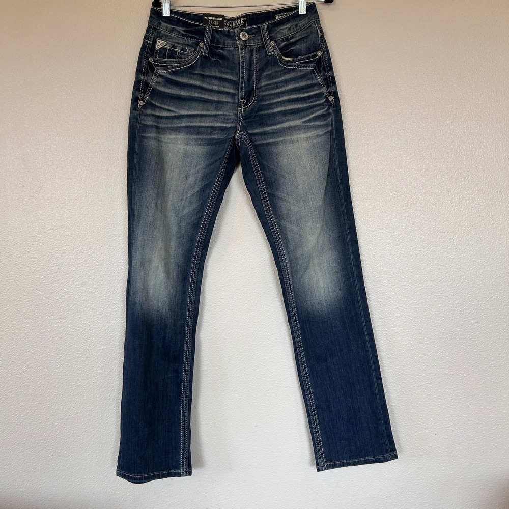 Salvage Mayhem Straight Regular Fit Jeans Men's 31x34 Dark Wash Buckle Denim